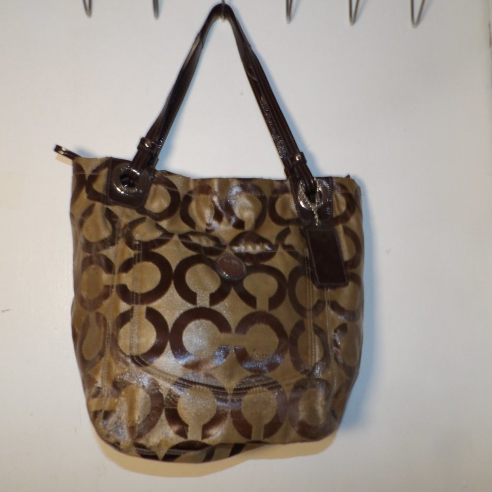 バッグ COACH Op Art Embroidery Canvas Tote rare Coach Op Art Gold Black Tote Bag Silver Hardware - Gem